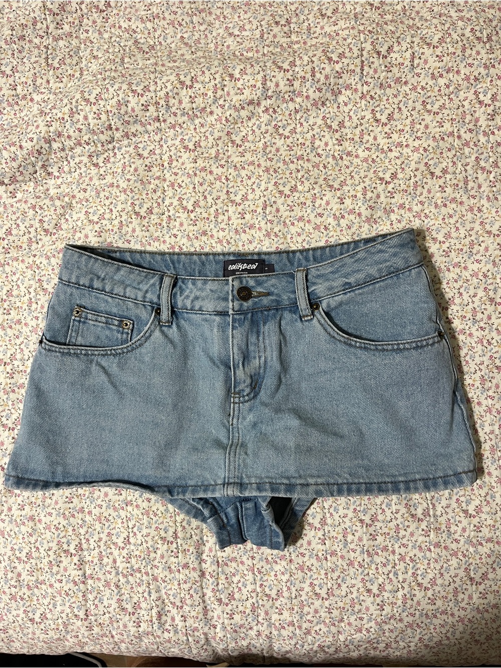 Edikted Light Blue Denim Skirt with shorts, size small